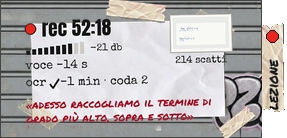 la barra aperta: rec 52:18 col pallino rosso, il livello dell'audio, la miniatura della lavagna con 214 scatti, voce meno 14 secondi, ocr meno 1 minuto con 2 in coda, e l'ultima frase sentita a pennarello