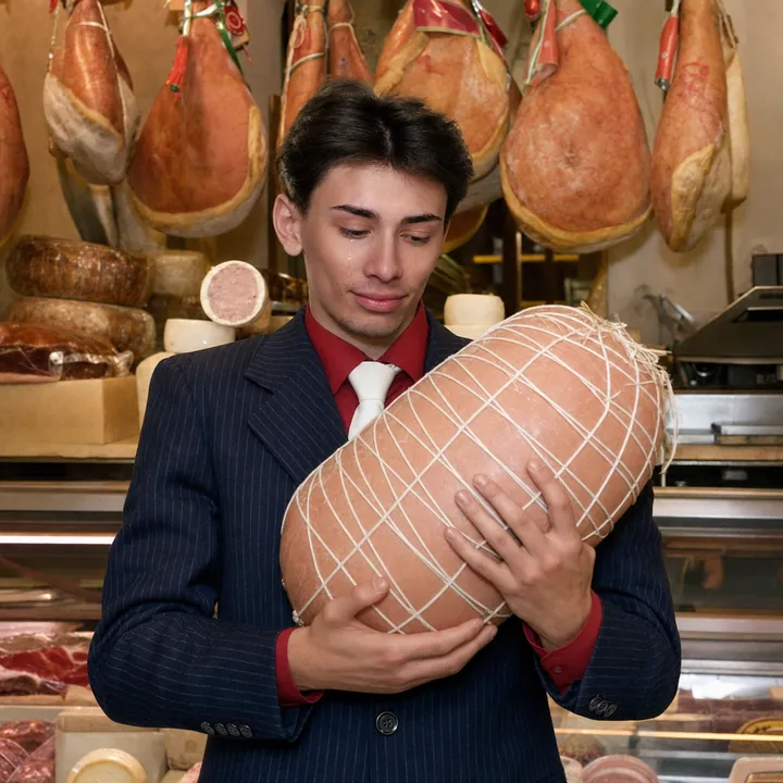 Meme: in una salumeria Pekko in gessato blu culla una mortadella intera come un neonato, commosso.
