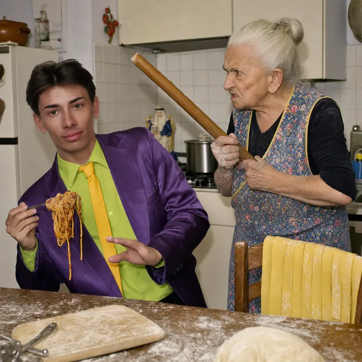 Meme: in una cucina bolognese una nonna furiosa punta il mattarello contro Pekko in giacca viola, che tiene una forchettata di spaghetti al sugo.