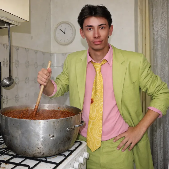 Meme: Pekko in completo verde e camicia rosa mescola un pentolone di ragù sul fornello, con una macchia di sugo sulla cravatta.
