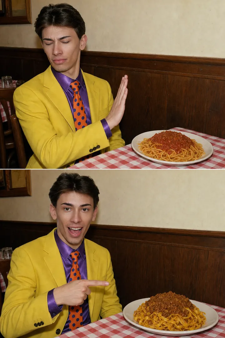 Meme a due riquadri: Pekko in giacca gialla gira la faccia e rifiuta con la mano un piatto di spaghetti al sugo; sotto, indica felice un piatto di tagliatelle al ragù.